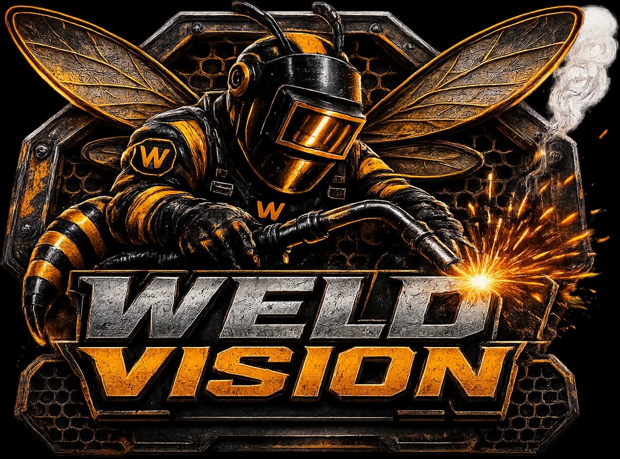 Emblema de Weld Vision Group: la mascota avispón con careta de soldar encendiendo el arco con una antorcha MIG