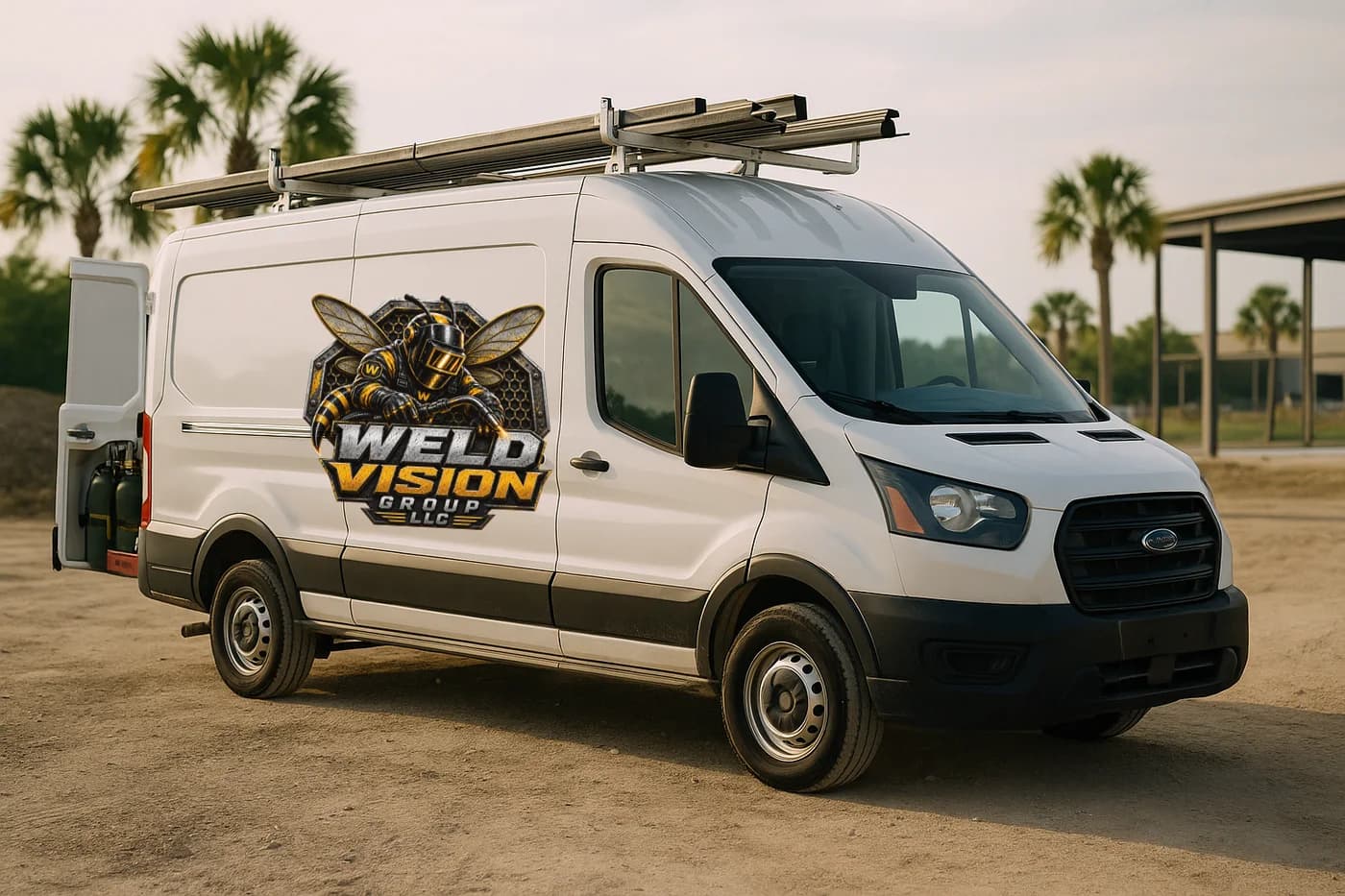Weld Vision Group service van with the company logo, parked at a Tampa job site
